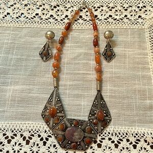 Funky, chunky tribal necklace and earrings set. Red agate colored stones & beads